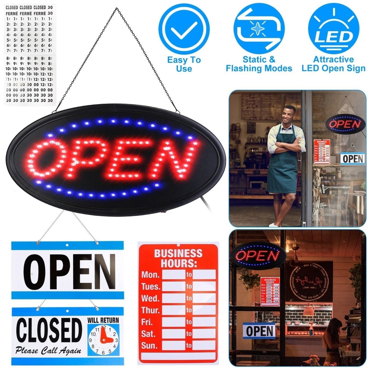 SKUSHOPS LED Open Sign 18.7x9.45in Business Neon Open Sign Advertisement Board